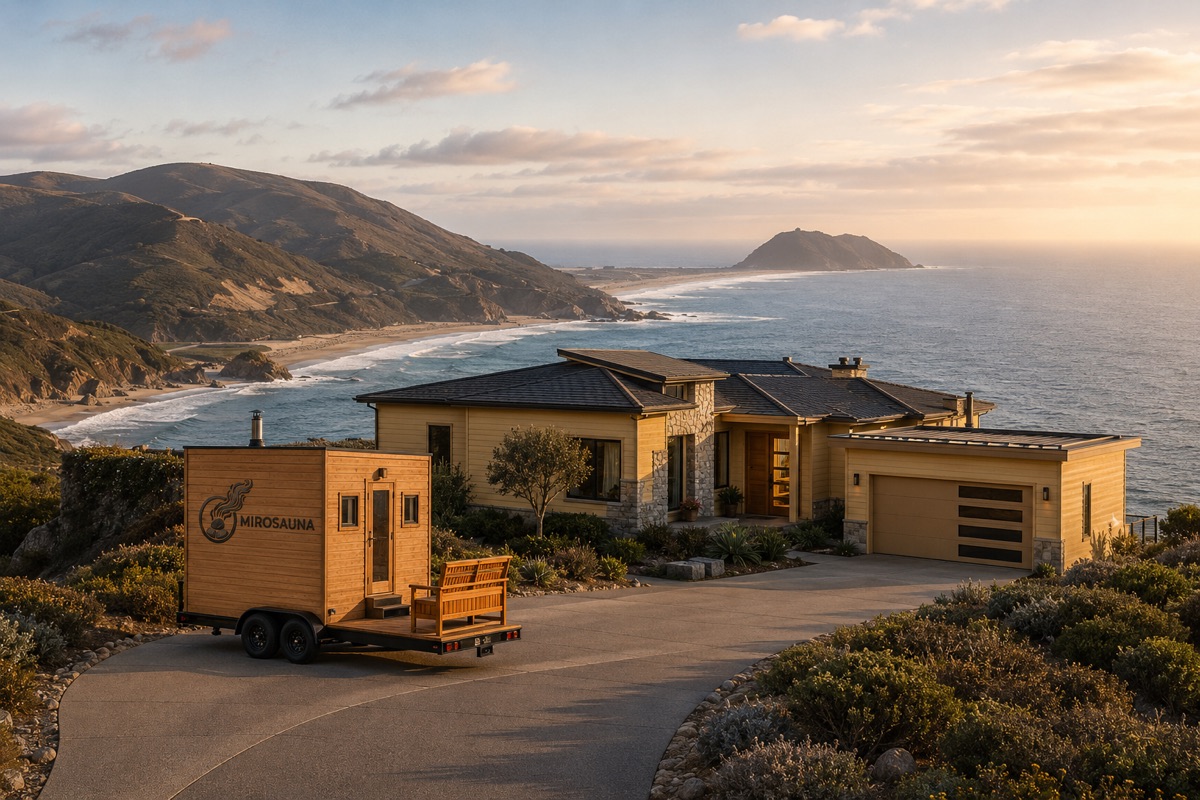 Mobile sauna set up at a coastal home overlooking the ocean