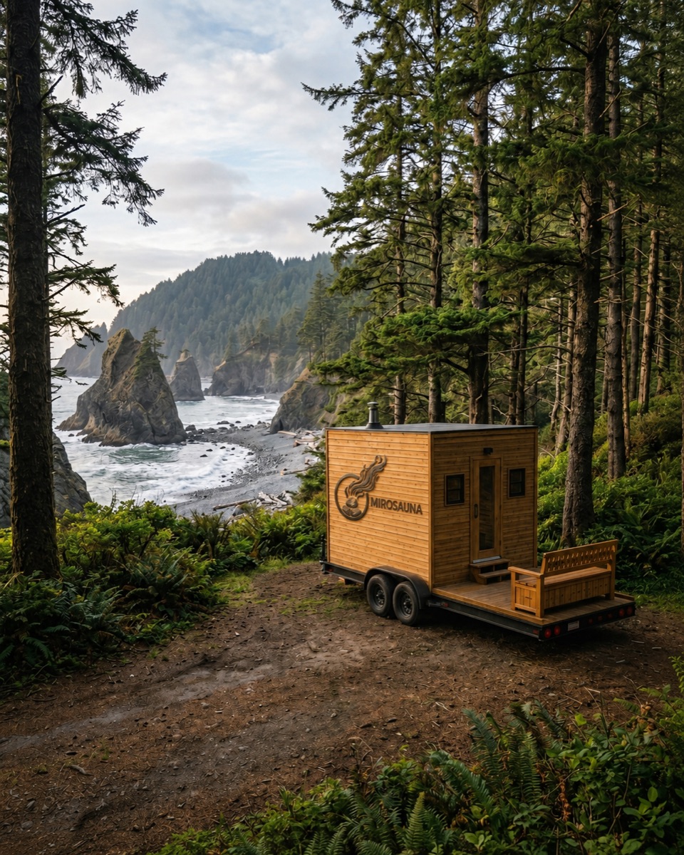 MIROSAUNA trailer in a forest clearing above a wild beach