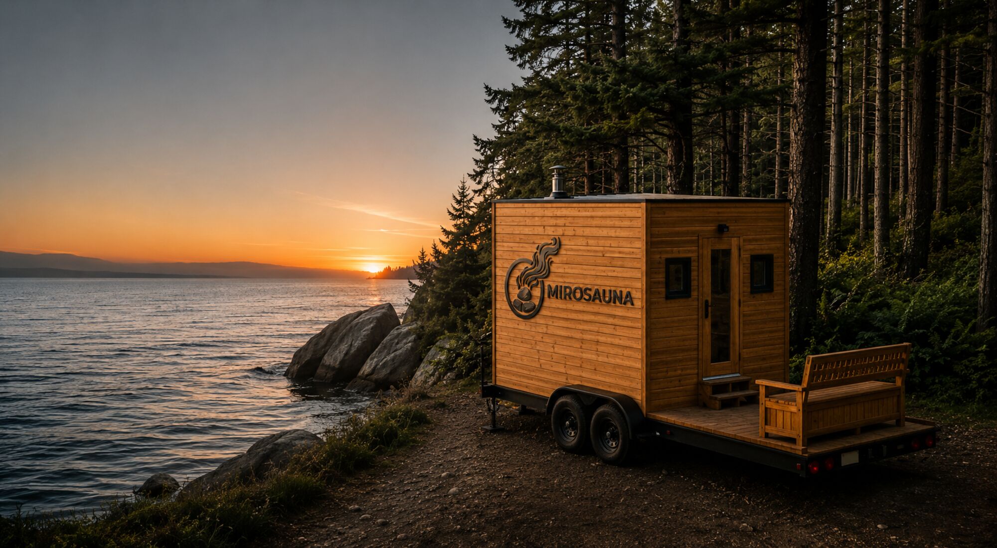 MIROSAUNA mobile sauna trailer parked by a lake at sunset