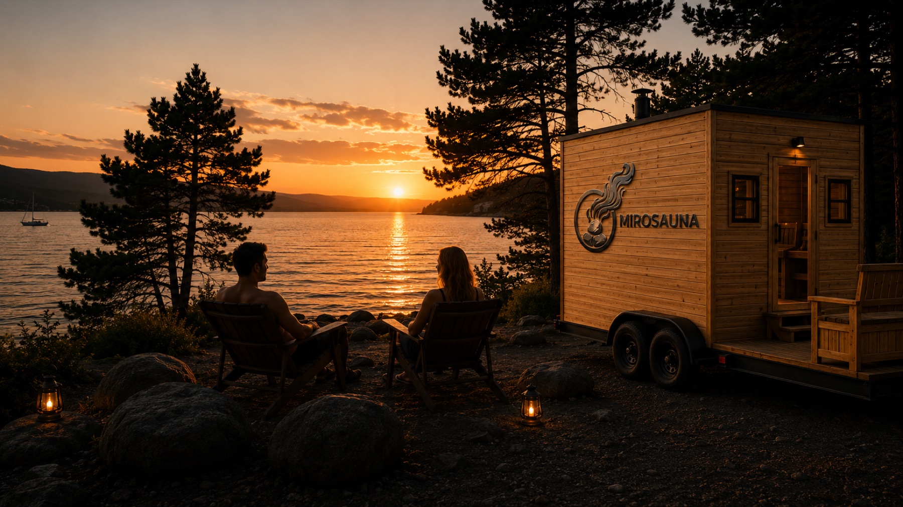 A couple relaxing in chairs by the lake beside the MIROSAUNA trailer at sunset