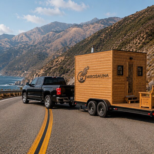 Pickup towing the MIROSAUNA trailer along the coast