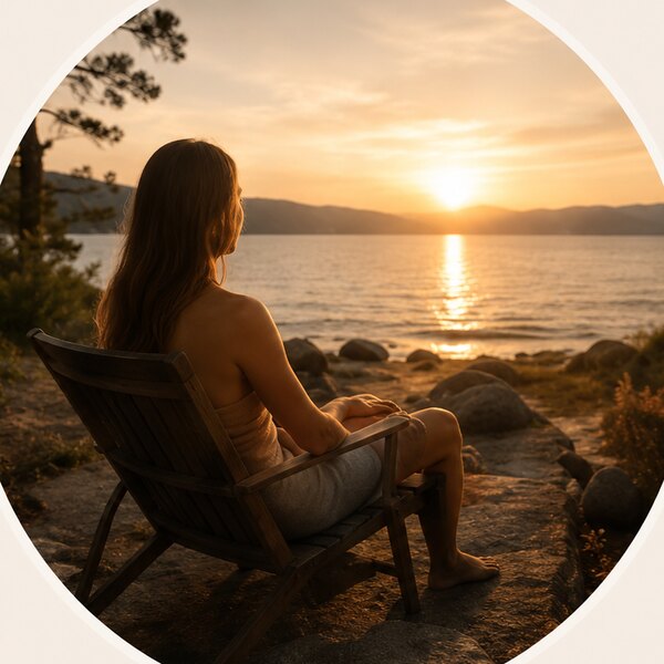Guest relaxing in a chair by the lake at sunset